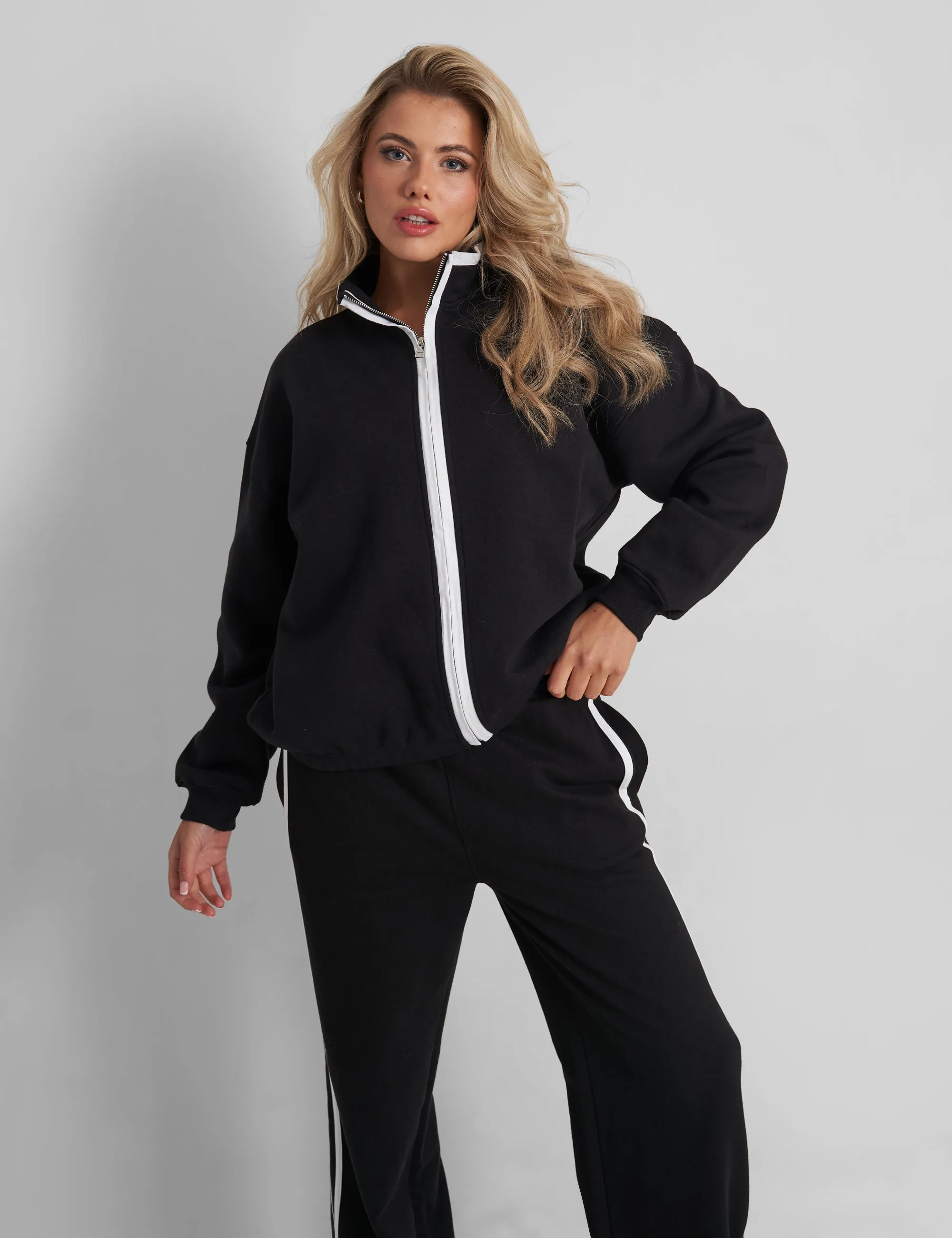Kaiia Contrast Piping Zip Up Sweatshirt Black White sold by Public Desire product image thumbnail 3