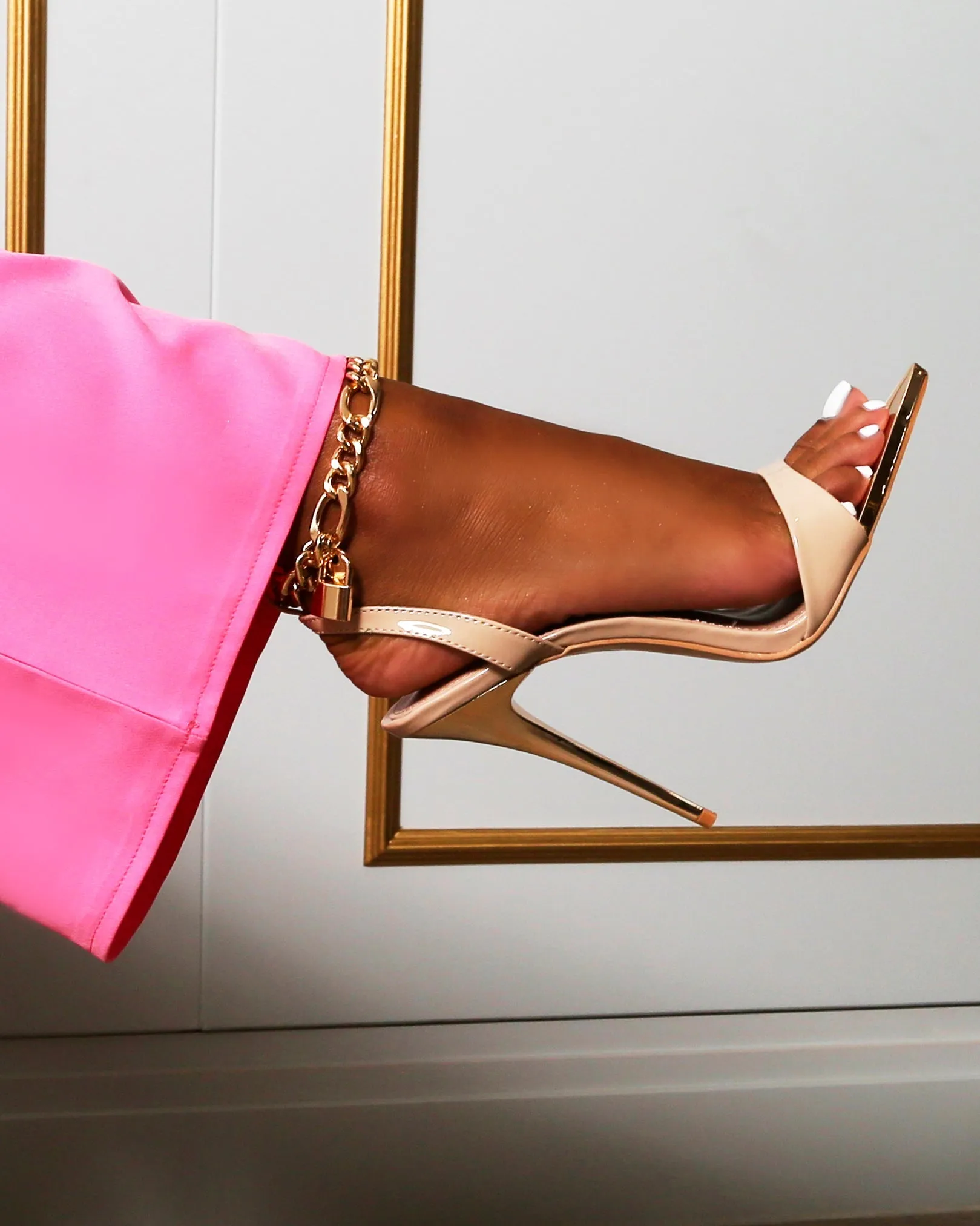 Amber x Public Desire Izabella Nude PU Chain Ankle Strap Stiletto Heel sold by Public Desire