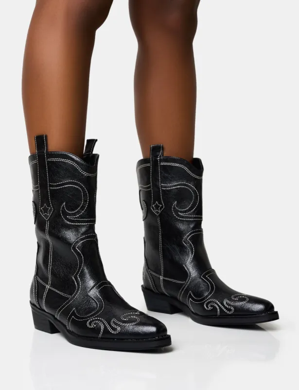 Folklore Black Embroidered Flat Western Ankle Boots sold by Public Desire
