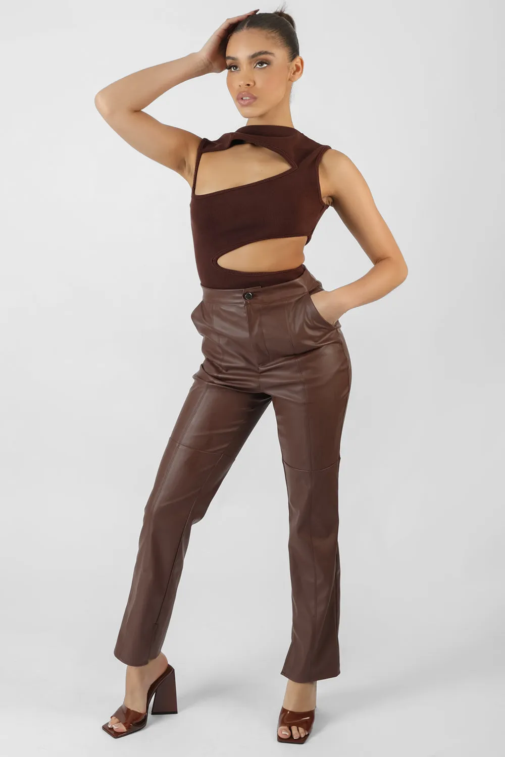 Pu Seam Front Split Detail Trousers Chocolate sold by Public Desire product image thumbnail 2