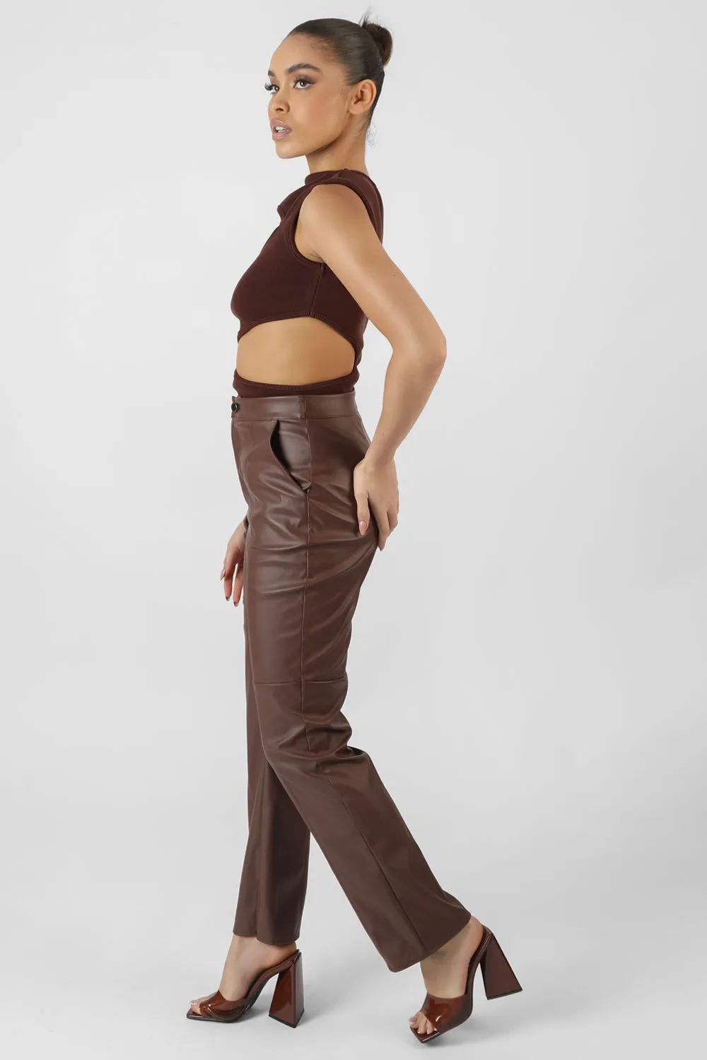 Pu Seam Front Split Detail Trousers Chocolate sold by Public Desire product image thumbnail 3