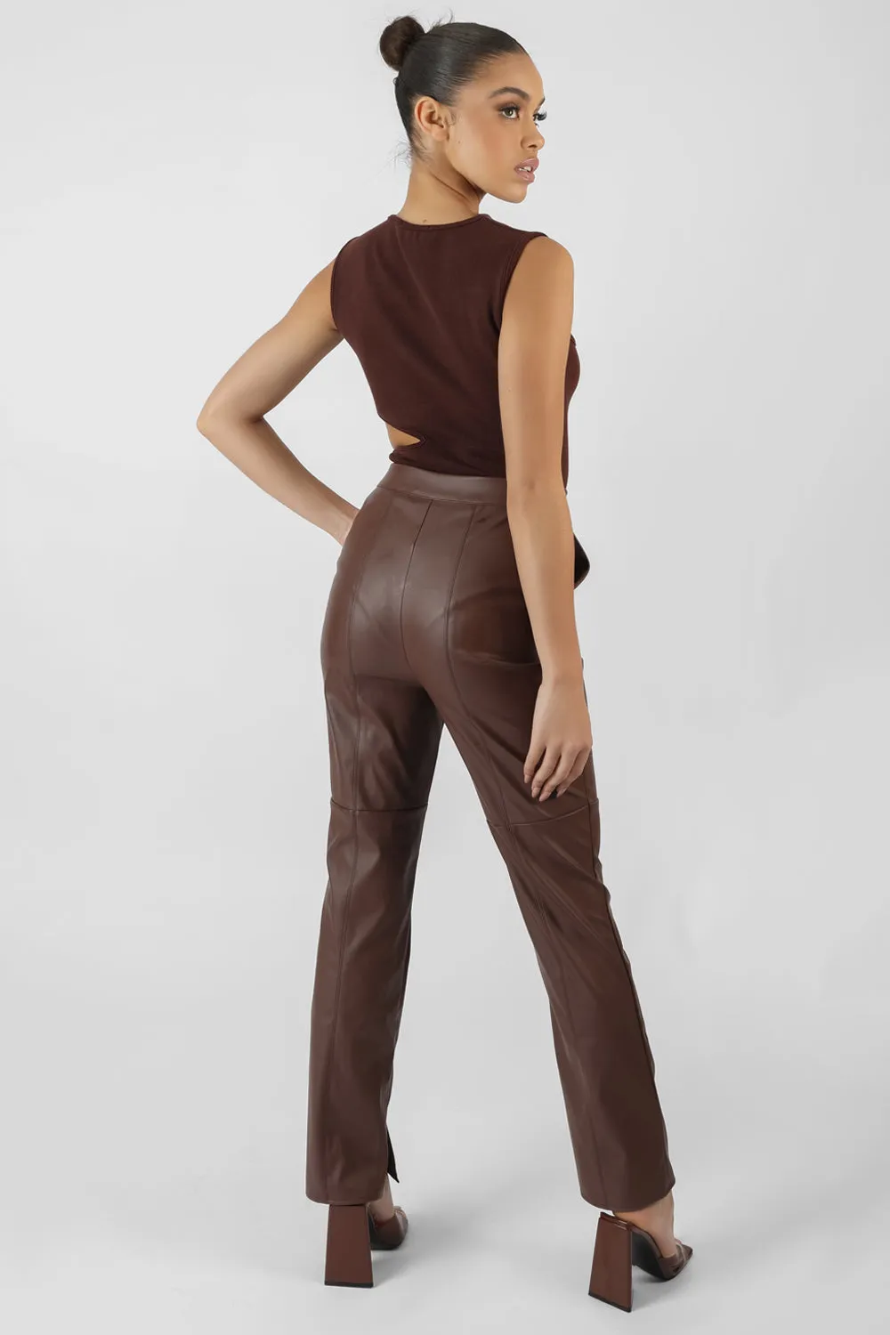 Pu Seam Front Split Detail Trousers Chocolate sold by Public Desire product image thumbnail 4