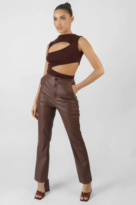 Pu Seam Front Split Detail Trousers Chocolate sold by Public Desire