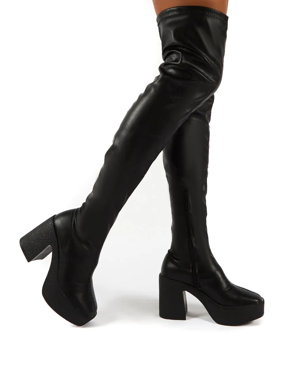 Superb Black PU Block Heeled Over the Knee Boots sold by Public Desire