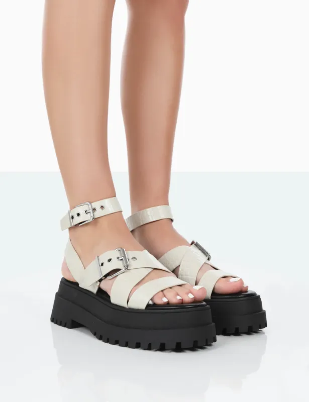 Follow Wide Fit Stone PU Croc Chunky Buckle Sandals sold by Public Desire