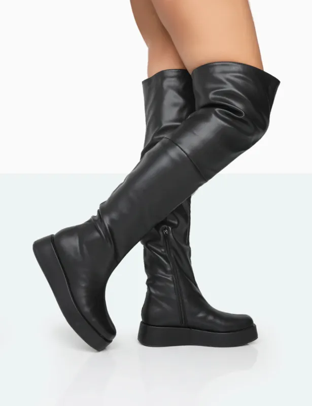 Erica Black Pu Chunky Platform Over The Knee Boots sold by Public Desire