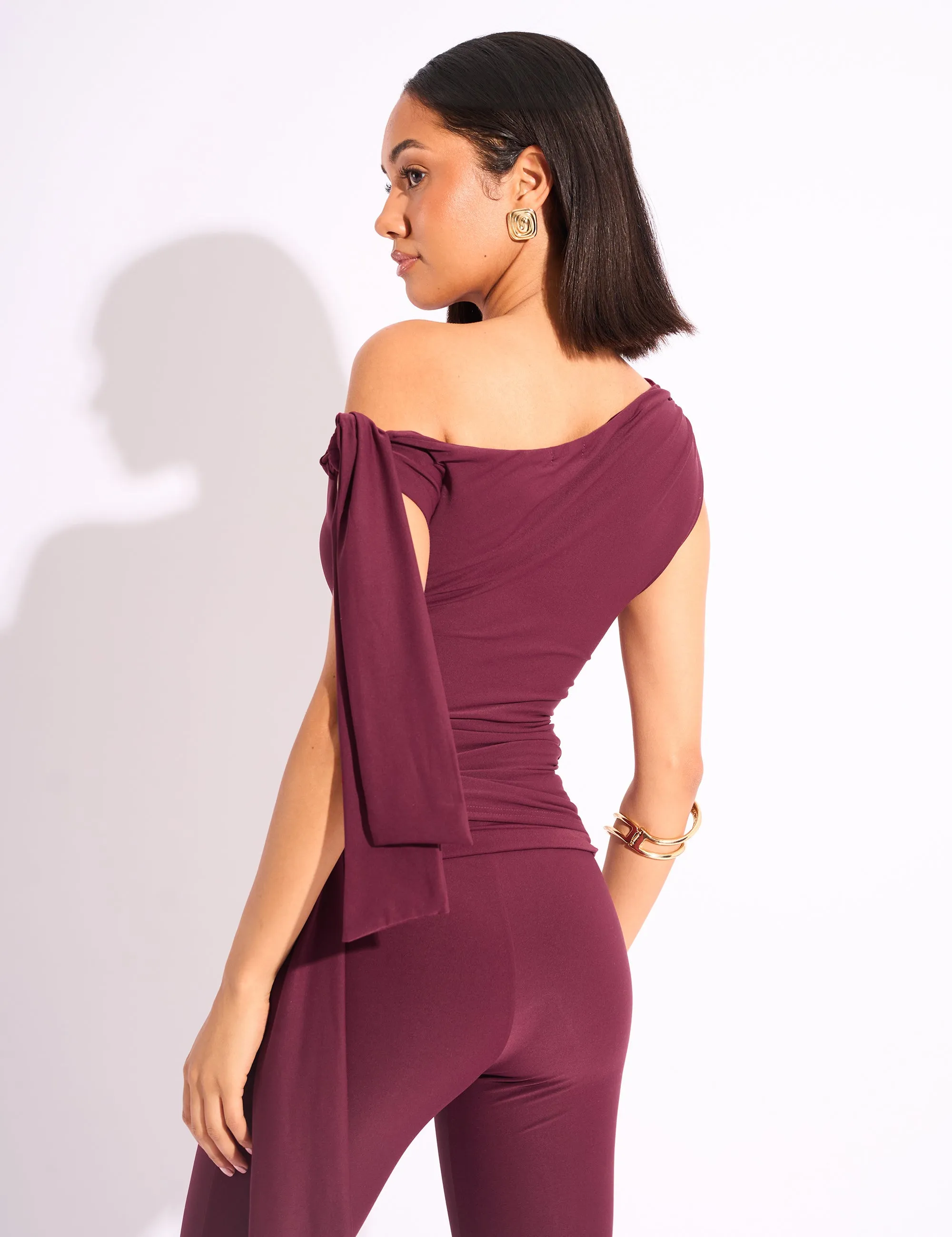 Knot Detail Asymmetric One Shoulder Luxe Slinky Top Burgundy sold by Public Desire product image thumbnail 2
