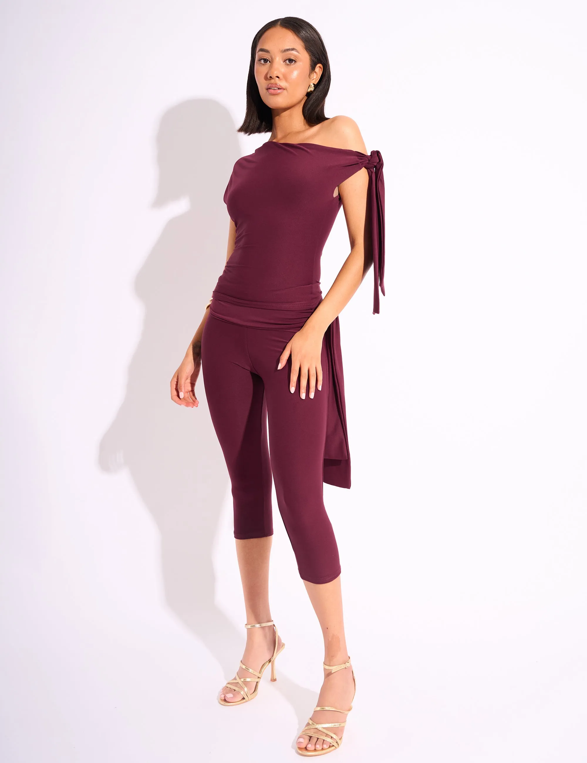 Knot Detail Asymmetric One Shoulder Luxe Slinky Top Burgundy sold by Public Desire product image thumbnail 3