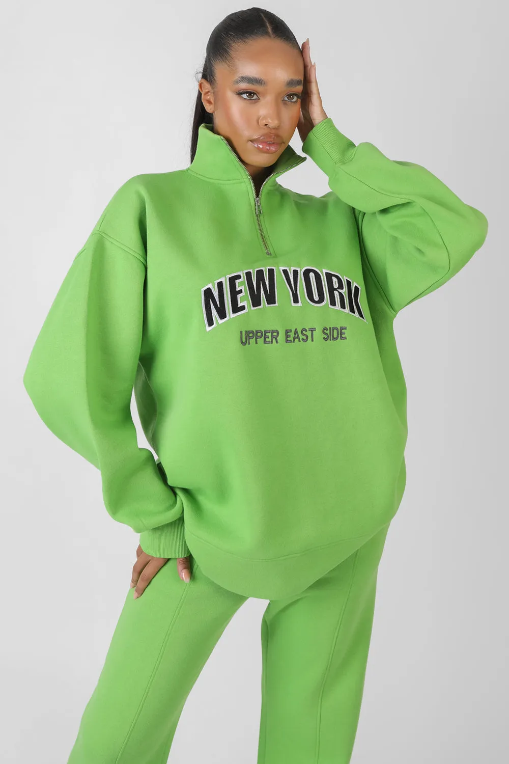 New York Half Zip Pullover Oversized Sweatshirt Green sold by Public Desire