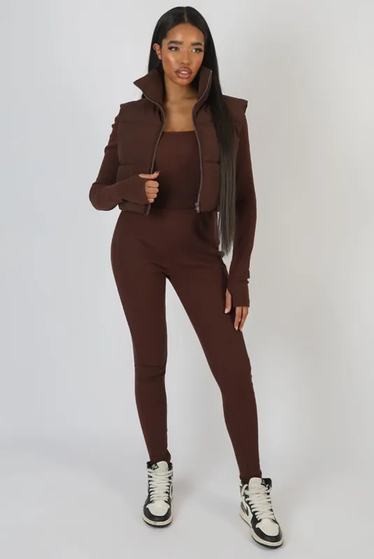 Rib Square Neck Legging Unitard Jumpsuit Chocolate sold by Public Desire