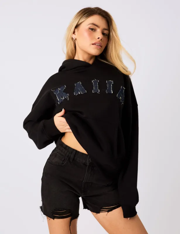 Kaiia Logo Denim Applique Oversized Hoodie Black sold by Public Desire