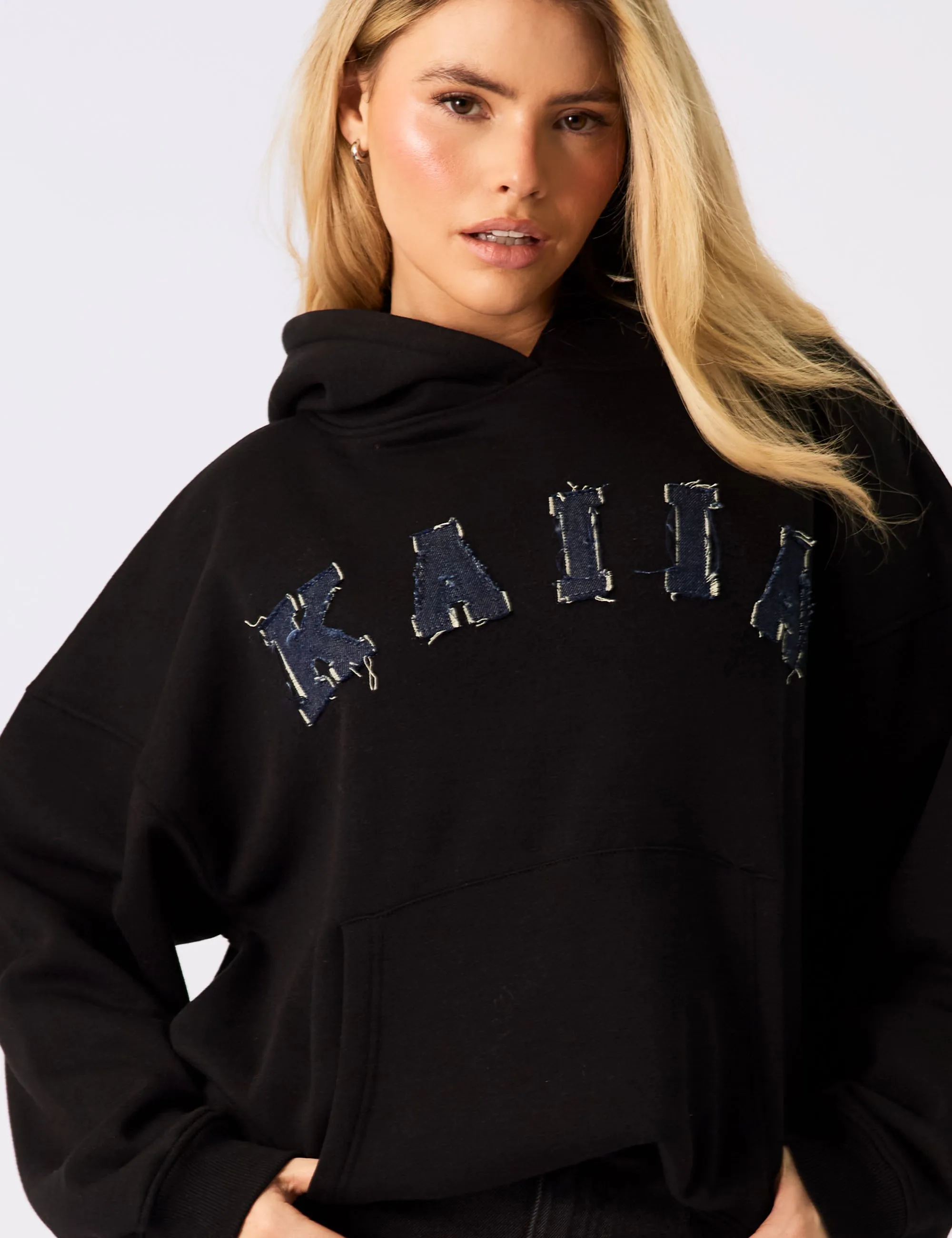Kaiia Logo Denim Applique Oversized Hoodie Black sold by Public Desire product image thumbnail 3