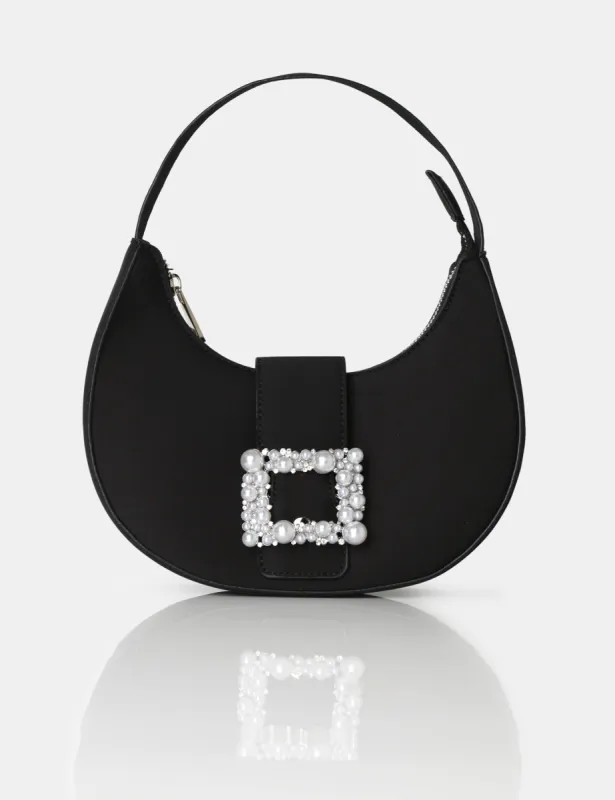 The Pearl Black Satin Pearled Buckle Mini Bag sold by Public Desire