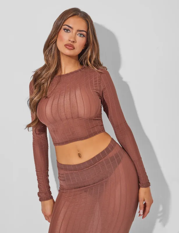 Sheer Long Sleeve Top Co Ord Brown sold by Public Desire