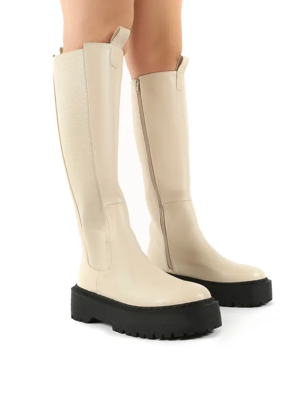 Andi Bone Pu Knee High Chunky Sole Boots sold by Public Desire