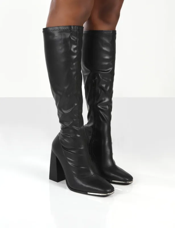 Caryn Black PU Knee High Block Heeled Boot sold by Public Desire
