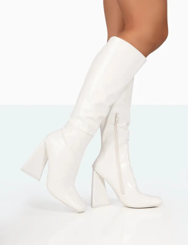 Senna White Croc Pu Knee High Block Heel Boots sold by Public Desire