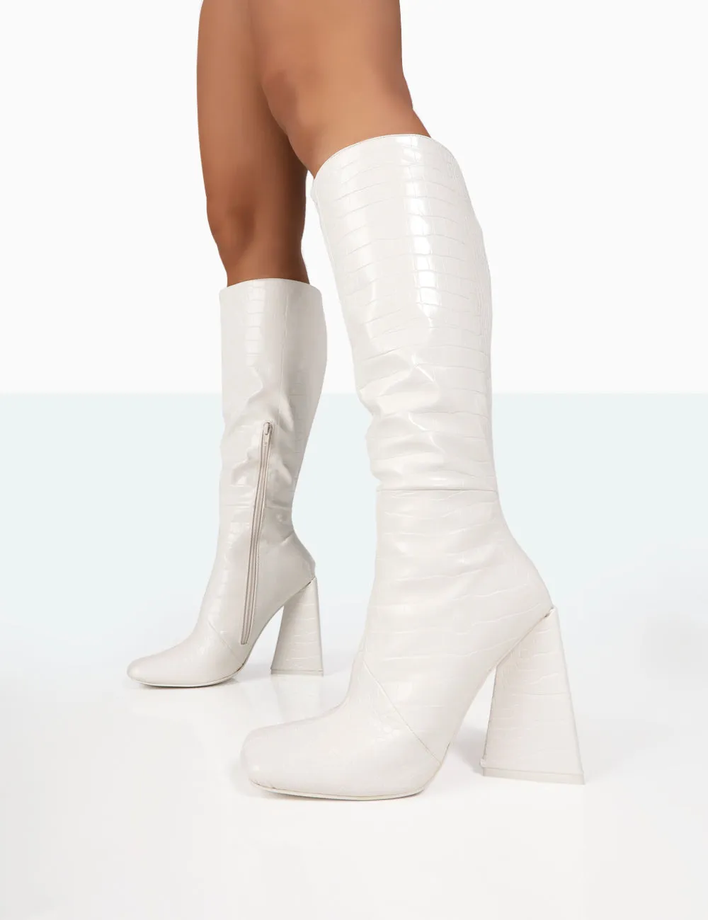 Senna White Croc Pu Knee High Block Heel Boots sold by Public Desire product image thumbnail 2