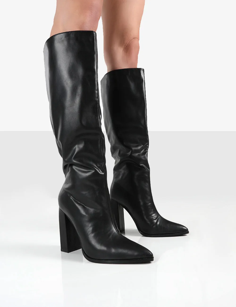 Posie Black PU Knee High Block Heel Boots sold by Public Desire