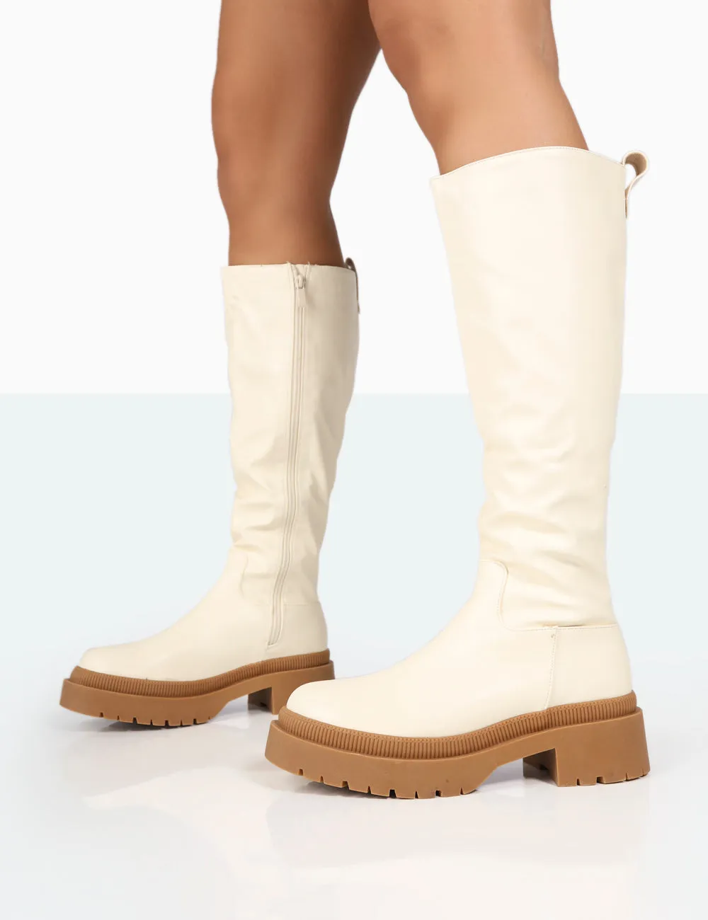 Jersey Ecru Pu Contrasting Chunky Sole Knee High Boots sold by Public Desire product image thumbnail 3