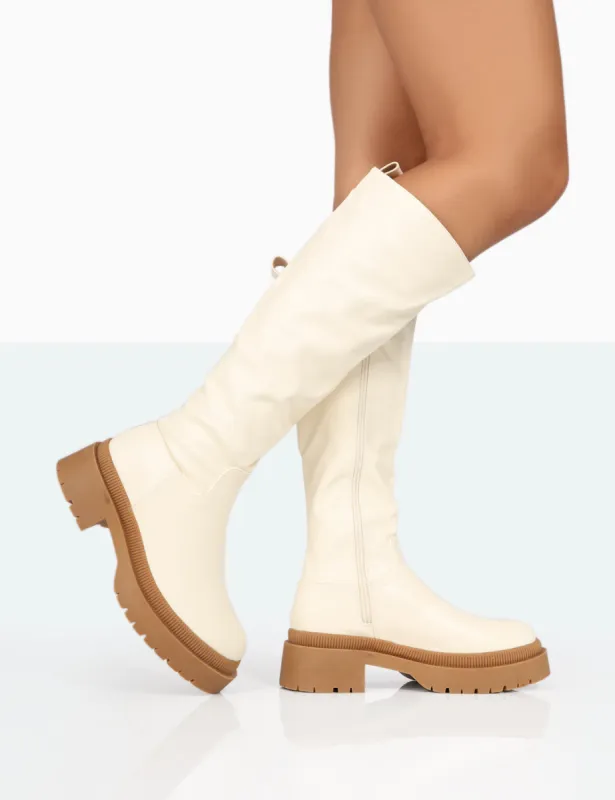 Jersey Ecru Pu Contrasting Chunky Sole Knee High Boots sold by Public Desire