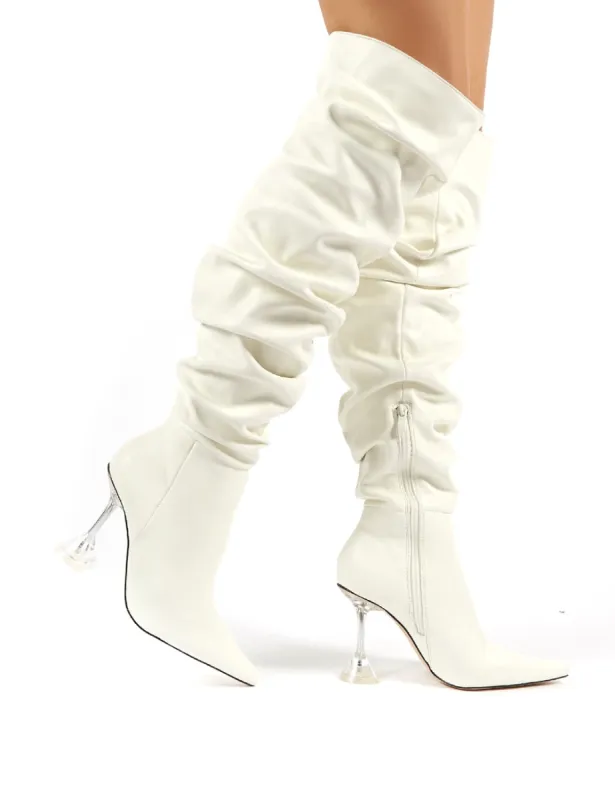 Adalee White PU Statement Heeled Slouch Over the Knee Boots sold by Public Desire