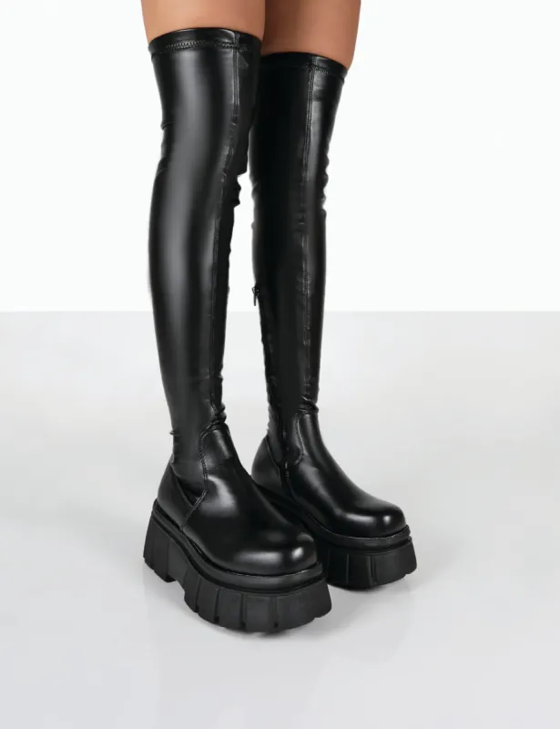 Necessity Black Pu Over The Knee Chunky Sole Boots sold by Public Desire