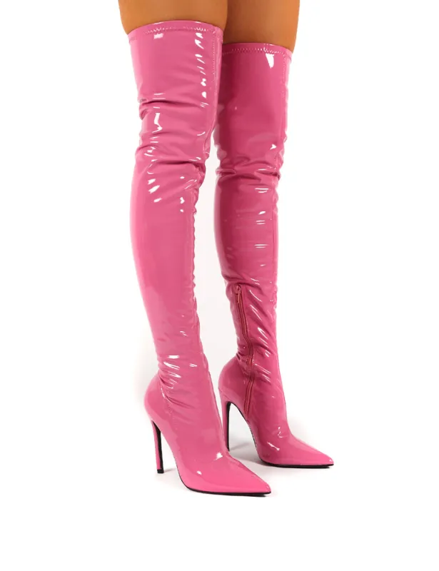 Confidence Pink Patent Stiletto Heeled Over The Knee PU Boots sold by Public Desire