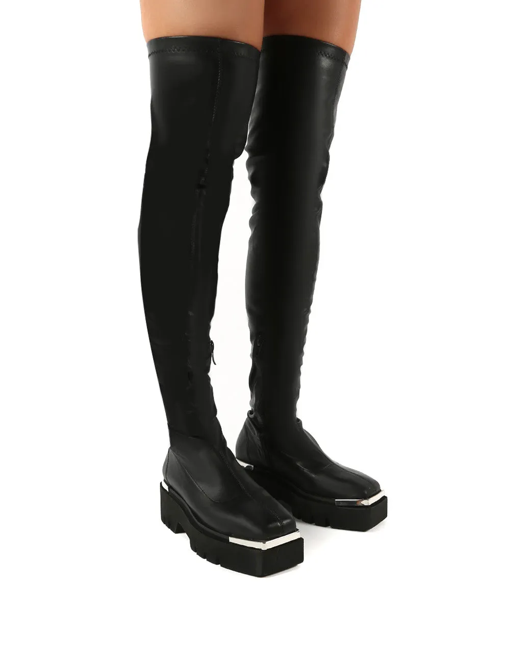 Machine Black Metal Detail Chunky Sole Knee High Boots sold by Public Desire