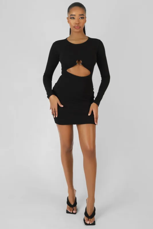 Bull Ring Detail Long Sleeve Mini Dress Black made by Public Desire