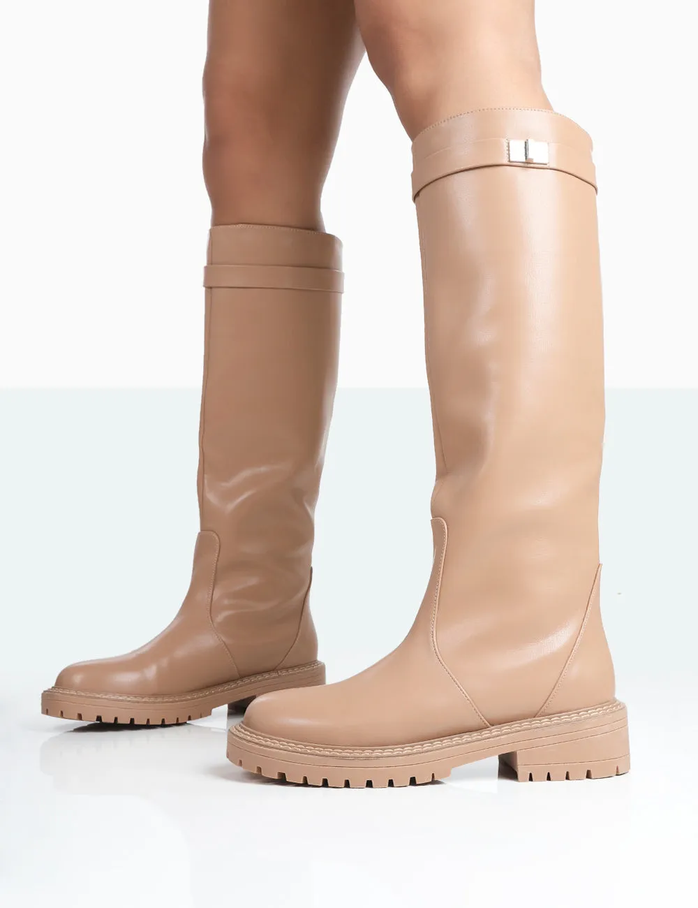 More Fun Caramel PU Round Toe Chunky Sole Knee High Boots sold by Public Desire product image thumbnail 4