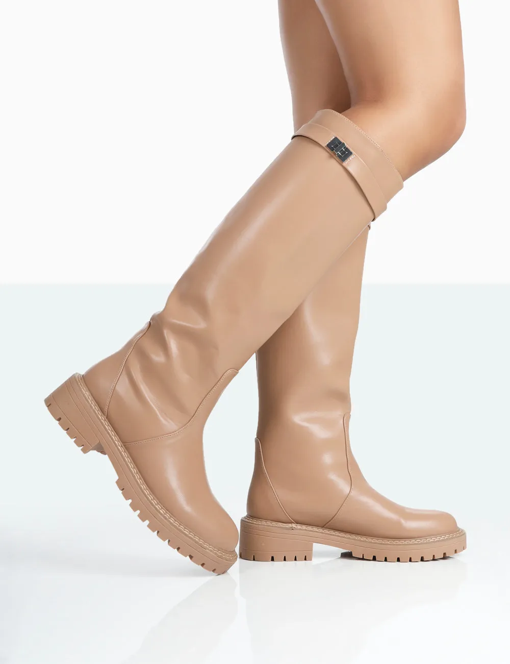 More Fun Caramel PU Round Toe Chunky Sole Knee High Boots sold by Public Desire product image thumbnail 2