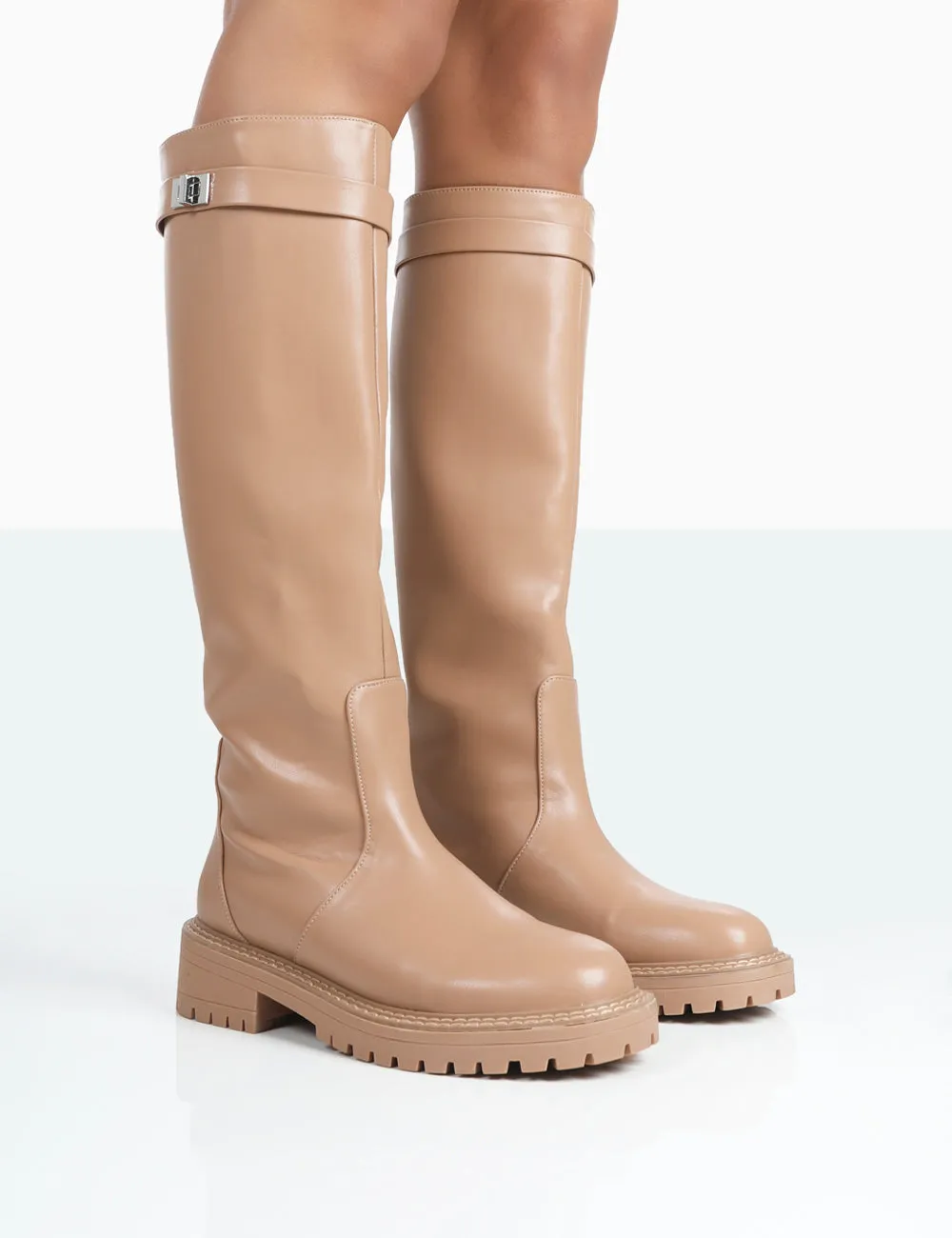 More Fun Caramel PU Round Toe Chunky Sole Knee High Boots sold by Public Desire