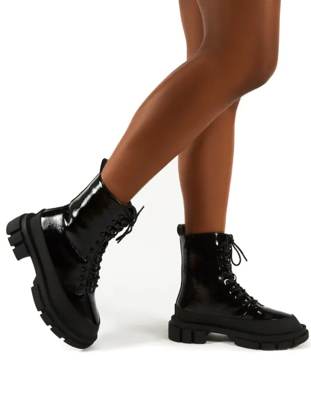 Mischief Black Patent Lace Up Chunky Sole Ankle Boots sold by Public Desire