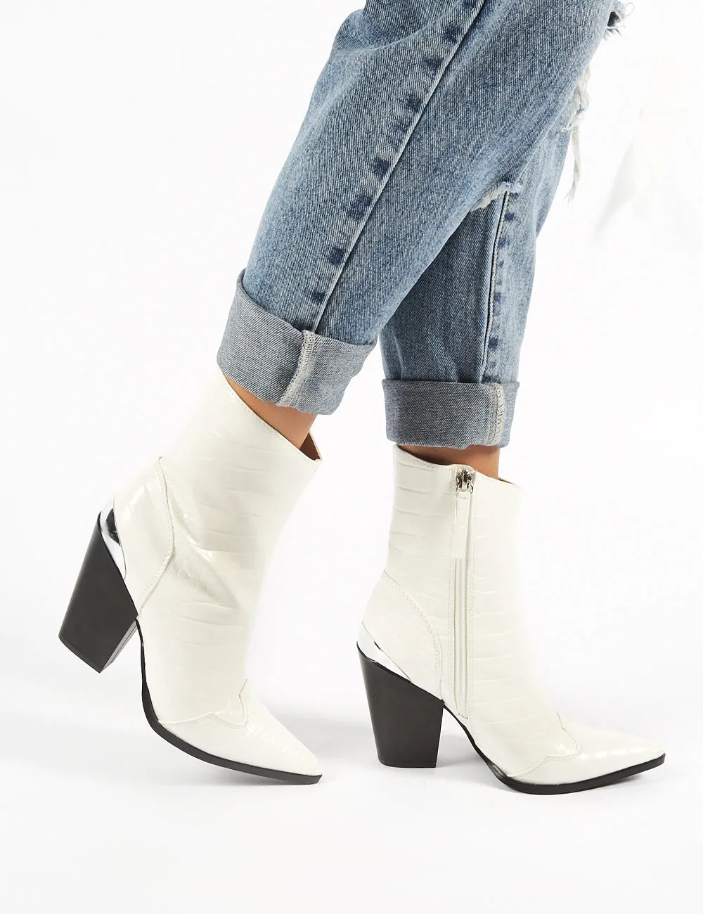 Heidi White Croc Block Heeled Western Ankle Boots sold by Public Desire product image thumbnail 3