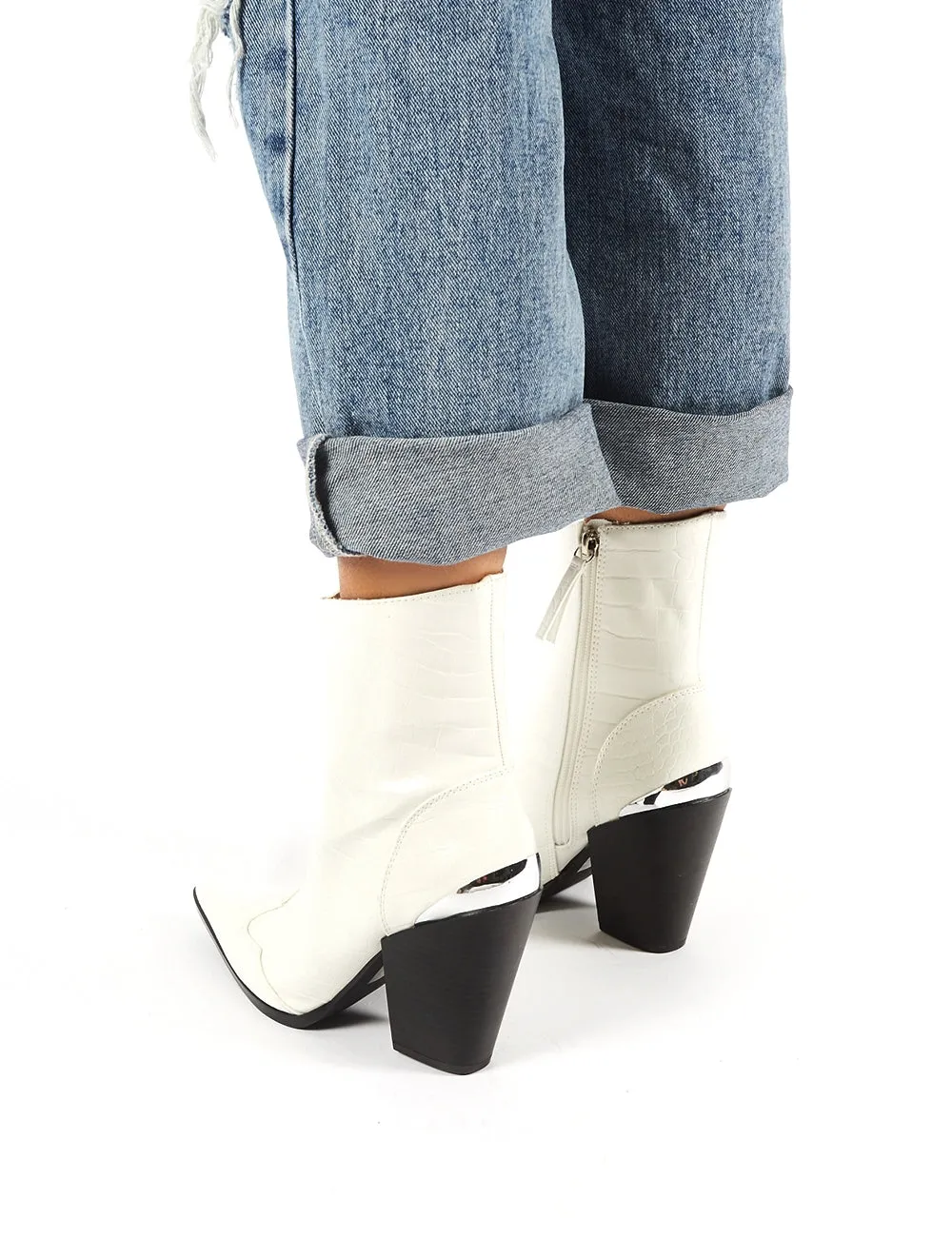 Heidi White Croc Block Heeled Western Ankle Boots sold by Public Desire product image thumbnail 4