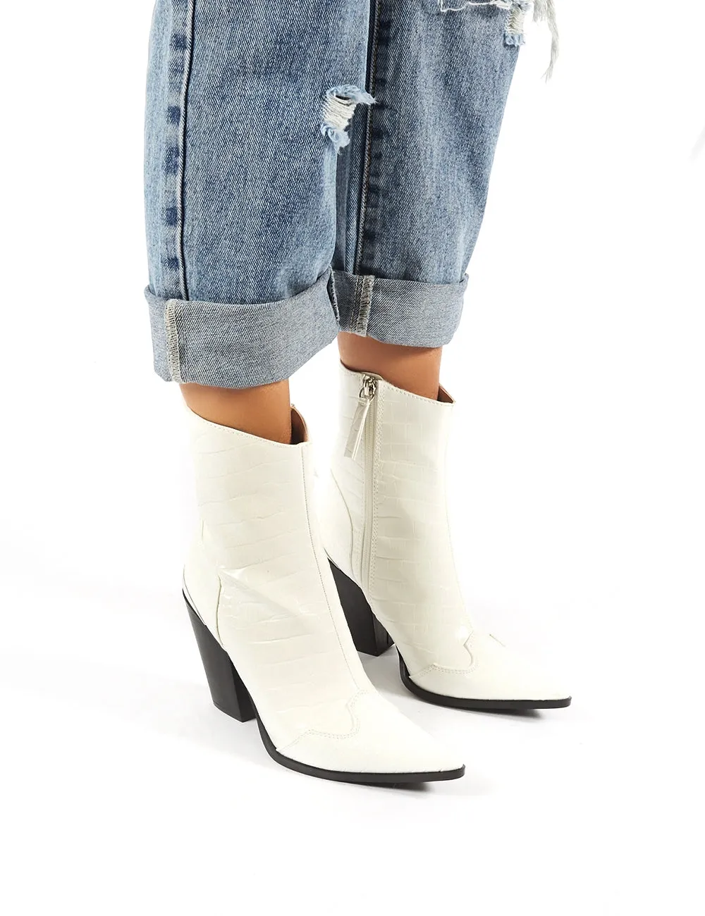 Heidi White Croc Block Heeled Western Ankle Boots sold by Public Desire product image thumbnail 5