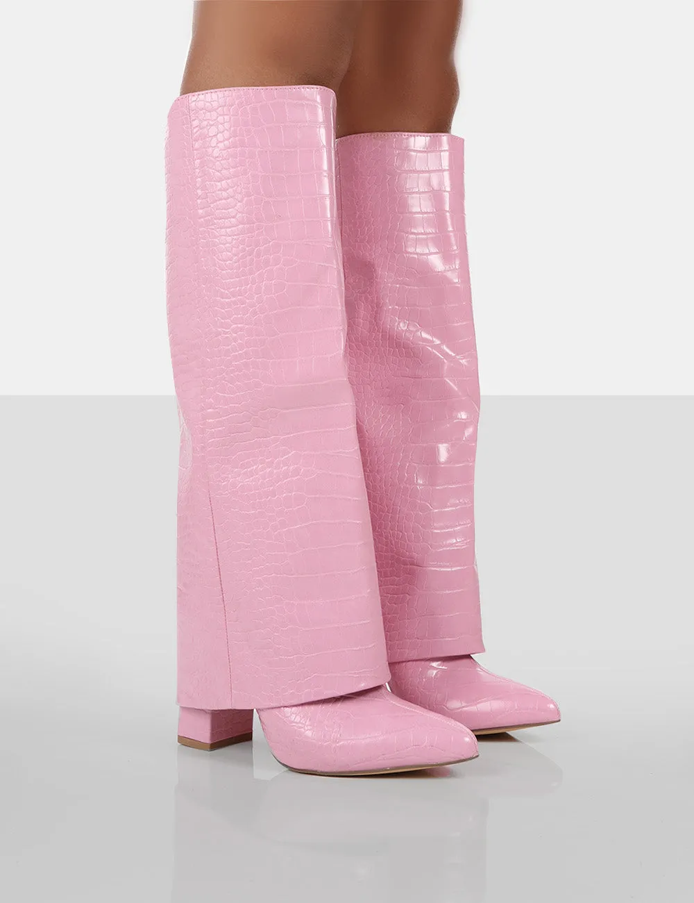 Zendaya Pink Croc Pointed Toe Knee High Block Boots sold by Public Desire