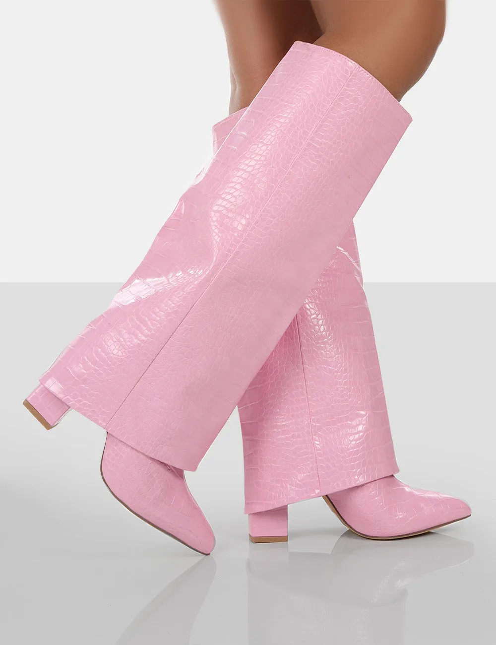 Zendaya Pink Croc Pointed Toe Knee High Block Boots sold by Public Desire product image thumbnail 3
