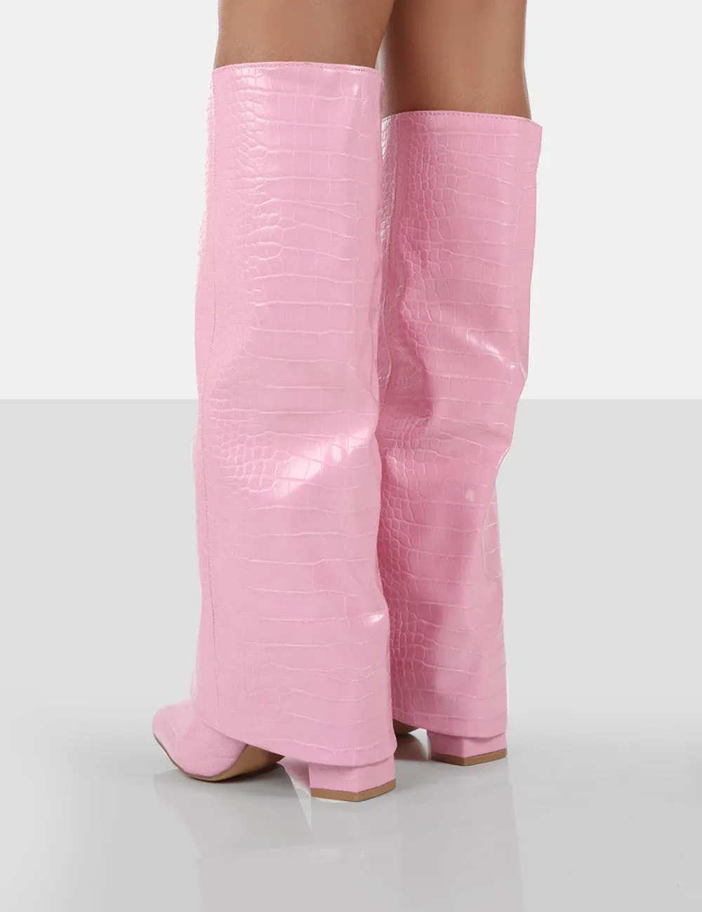 Zendaya Pink Croc Pointed Toe Knee High Block Boots sold by Public Desire product image thumbnail 2
