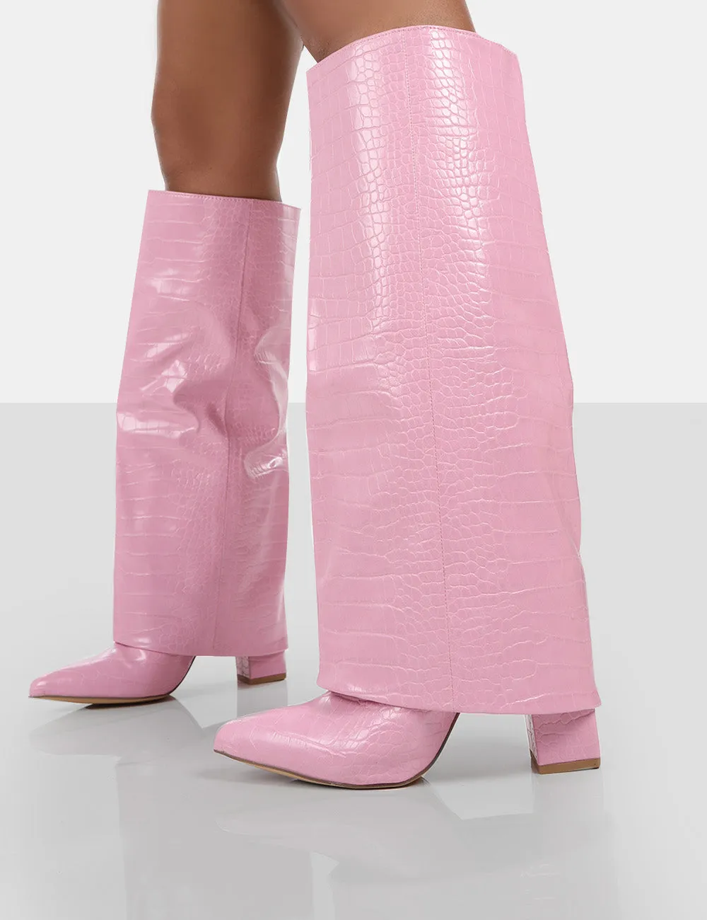 Zendaya Pink Croc Pointed Toe Knee High Block Boots sold by Public Desire product image thumbnail 4