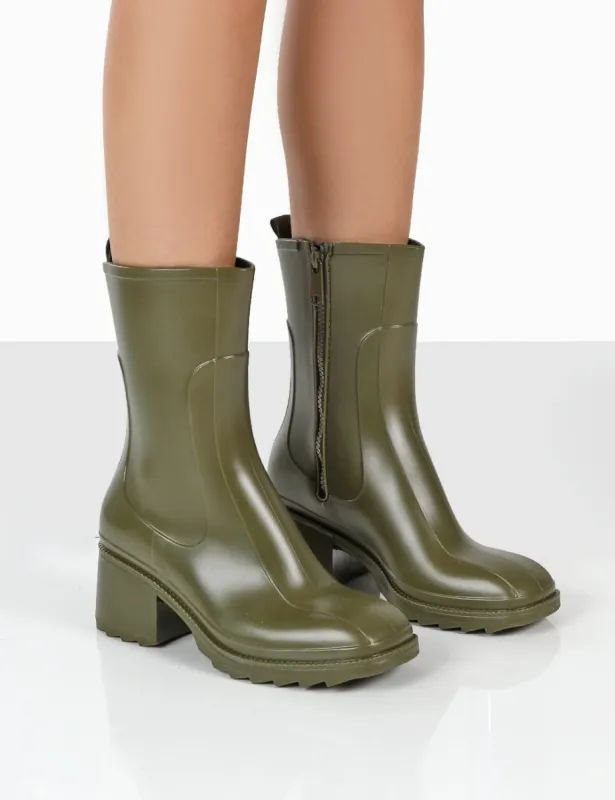 Rainyday Green Chunky Zip Up Heeled Wellies sold by Public Desire