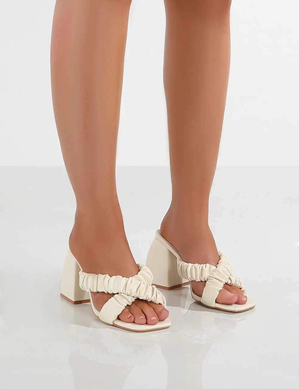Elsa Ecru PU Scrunchie Cross Strap Block Heel sold by Public Desire