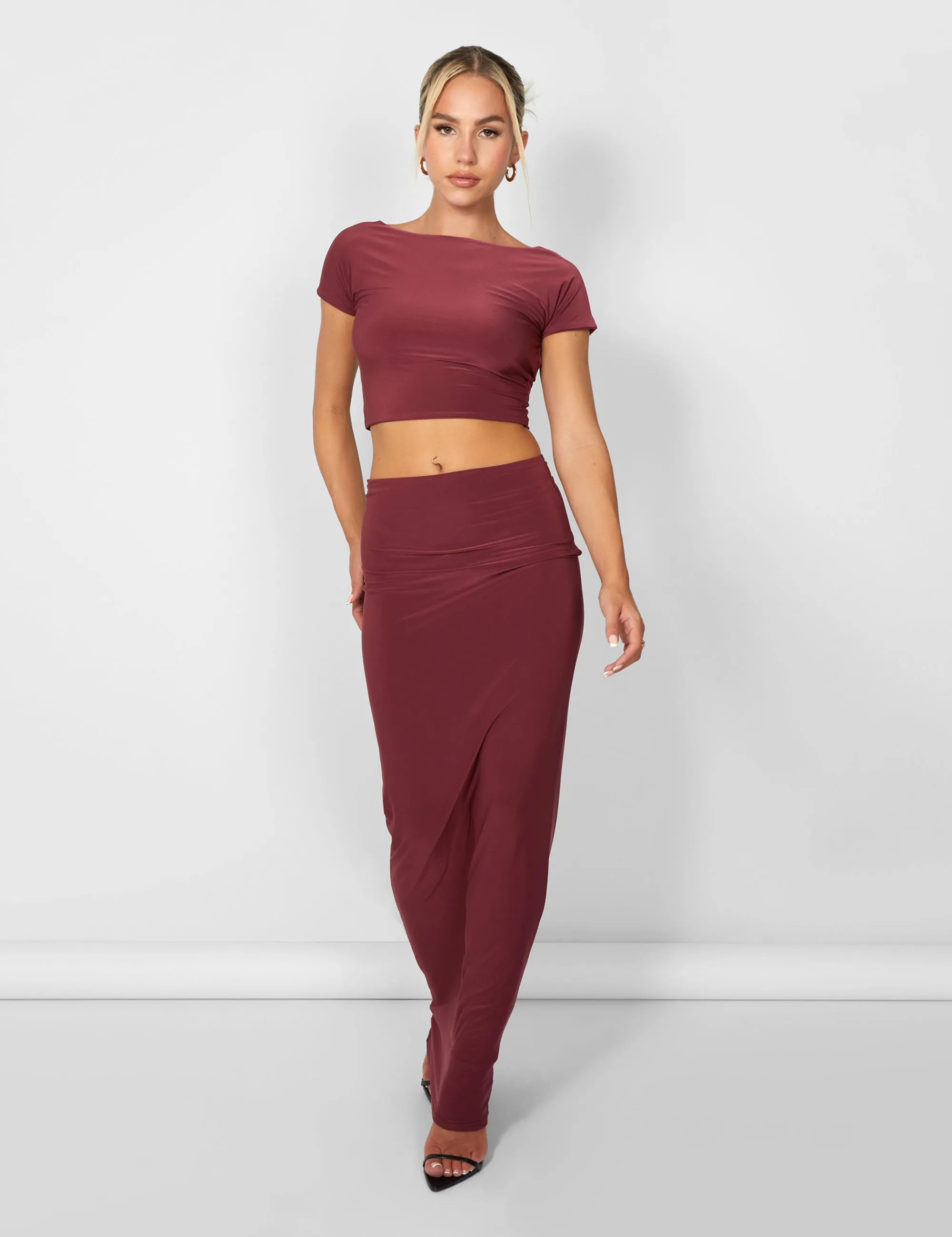 Kaiia Slinky Low Back Top Co-ord in Burgundy sold by Public Desire product image thumbnail 3