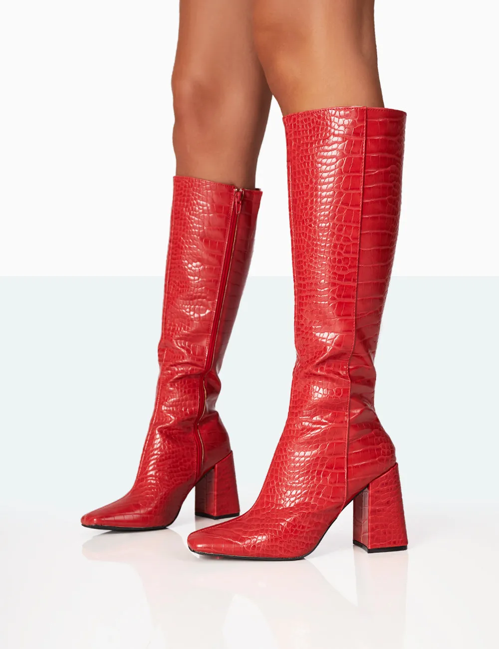 Apology Red Croc PU Knee High Block Heel Boots sold by Public Desire product image thumbnail 3