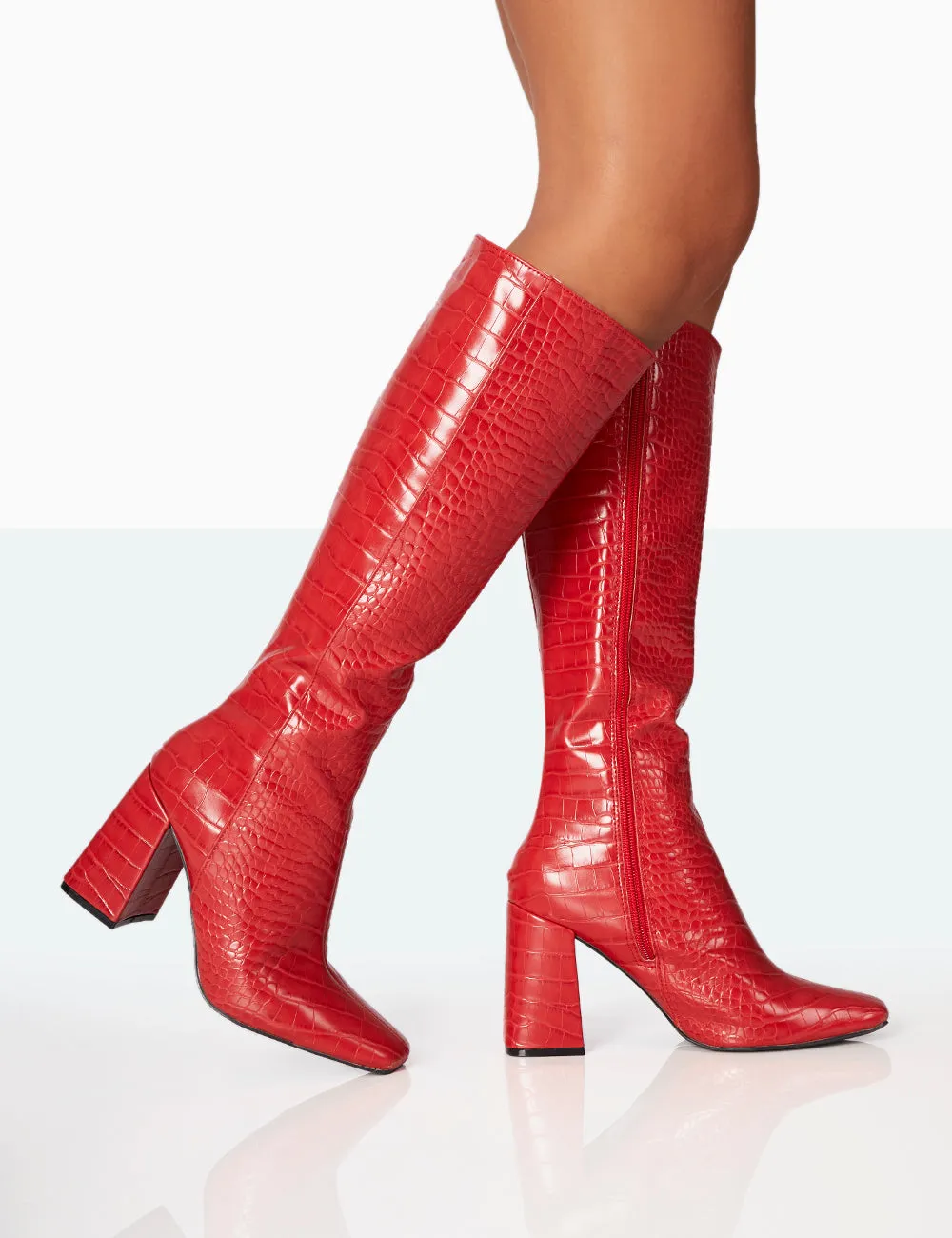 Apology Red Croc PU Knee High Block Heel Boots sold by Public Desire product image thumbnail 2
