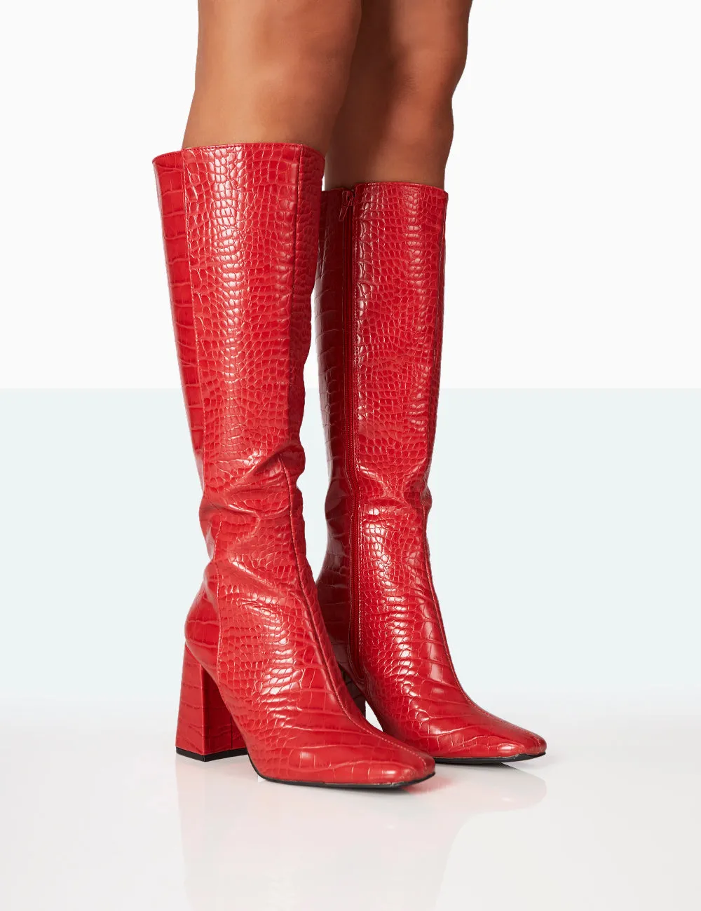 Apology Red Croc PU Knee High Block Heel Boots sold by Public Desire