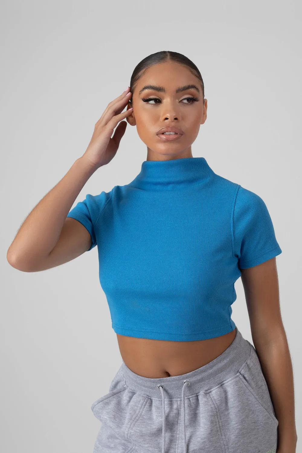 High Neck Ribbed Cropped T Shirt Blue sold by Public Desire product image thumbnail 2