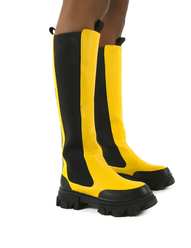 Monique Yellow Chunky Sole Knee High Boots sold by Public Desire