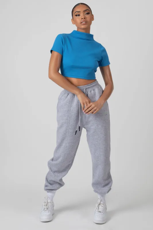 High Neck Ribbed Cropped T Shirt Blue sold by Public Desire